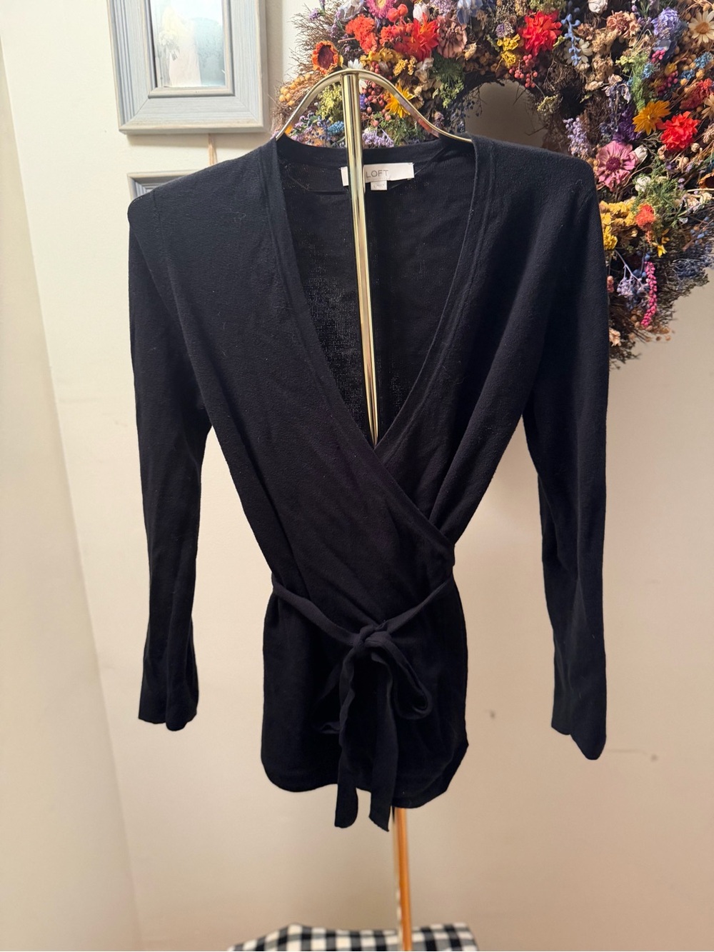 LOFT Black Wrap Front Knit Sweater Top